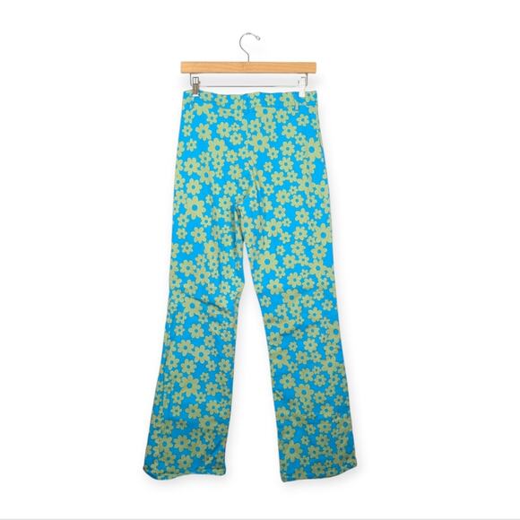 Motel Zoven Blue & Green Retro Daisy Print Flared Trousers Size M - Picture 3 of 11
